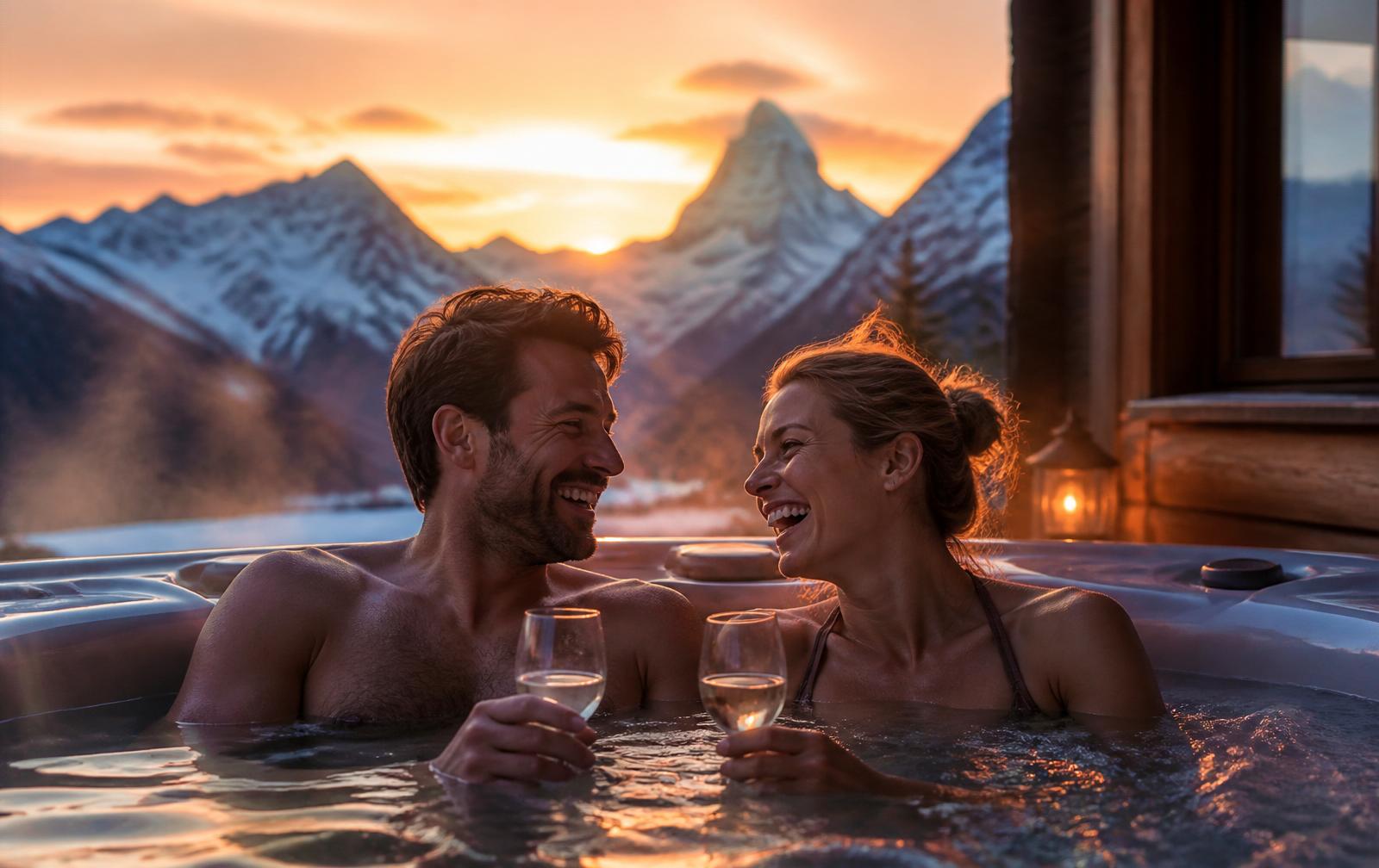 Paar geniesst Sonnenuntergang im Whirlpool vor Schweizer Alpen